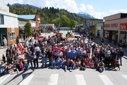 Celebrants gathered in Concrete's town center today to celebrate the community's 100th year. (To request a high-res version of this photo, send an e-mail to editor@concrete-herald.com.)