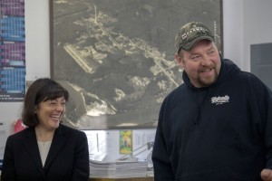 U.S. Rep. Suzan DelBene shares a laugh with former Concrete Mayor Judd Wilson during a Jan. 6 ceremony at Concrete Town Hall. DelBene, Senator Kirk Pearson, and Dept. of Commerce Dir. Brian Bonlender were in town to deliver a $1 million “check” to help fund a new Fire and Life Safety Building. The building was one of Wilson’s top priorities during his term; he made three trips to Olympia with Fire Chief Rich Philips to discuss the project’s urgency with Pearson, who worked to secure a $785,000 appropriation in the State Capital budget for the project. (Photo by Denise DuVarney.)